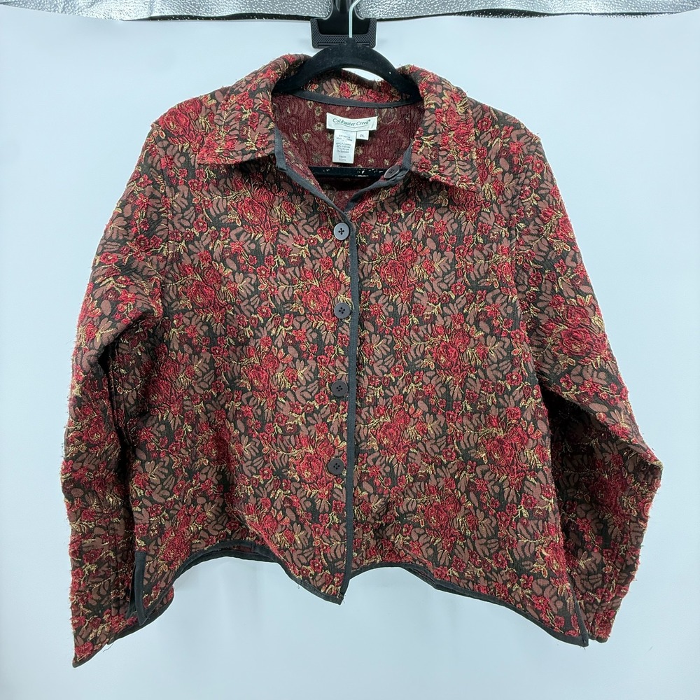 Coldwater Creek Jacket Blazer Embroidered Floral Holiday‎ Party Red Women Sz PL